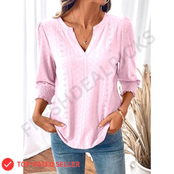 V-Neck Hollow Out Blouse 3/4 Sleeve Business Casual T-Shirt Elegant Chic - Picture 3 of 7